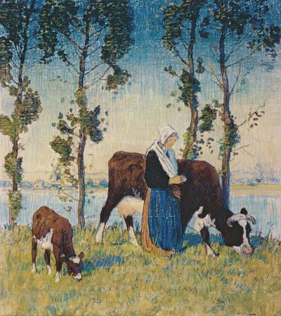 Woman with a Cow and Calf by Thomas Austen Brown